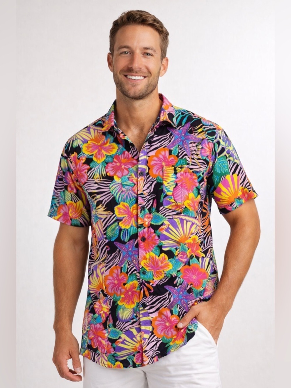 Kenny Flowers Tropical Hawaiian Shirt Starfish Floral Rayon Size S